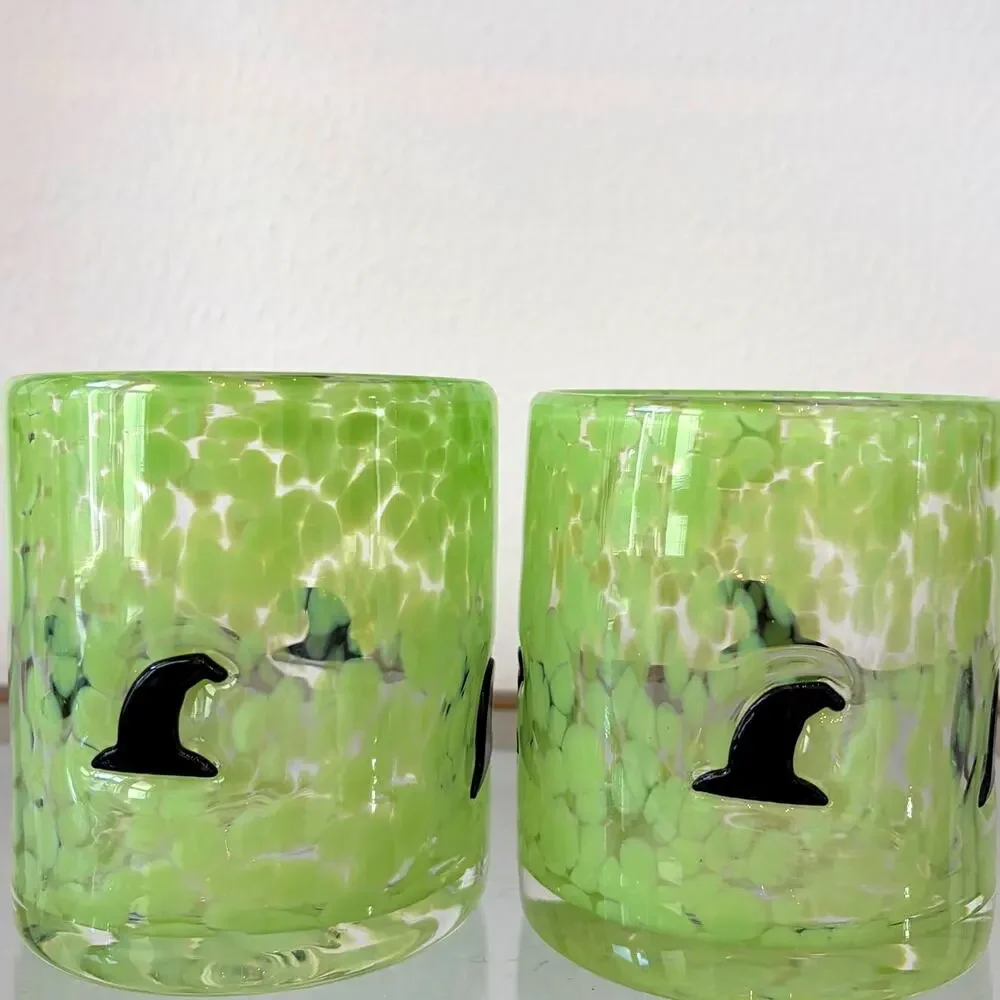 2pc Witch Hat Icon Confetti Double Old Fashioned Glasses Green Black Halloween